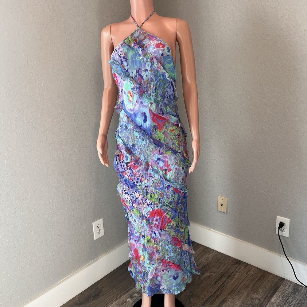 Zara Sz Large Ruffles rushed Romantic Boho Sexy Maxi Dress watercolor #72